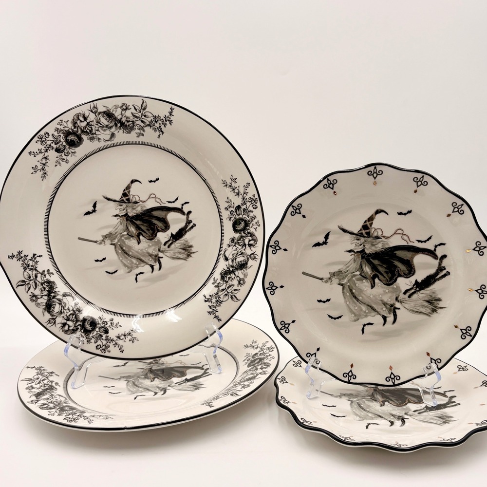 Potters Studio Halloween Witch Ceramic Plate Set 4pc Dinner Salad Plates